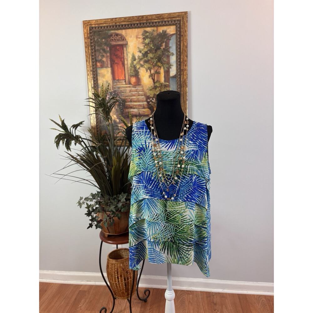 Chaus New York Women Blouse Large sleeveless Collarless Boho Beach Wear Tropical